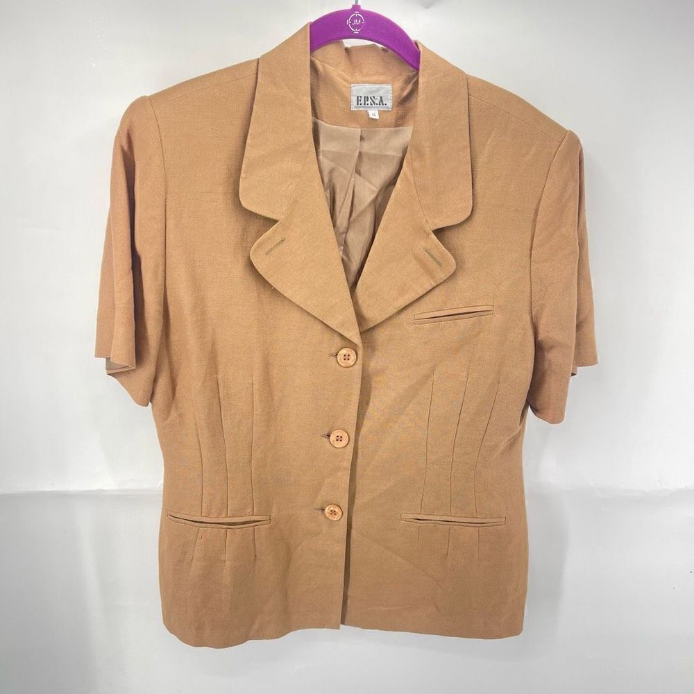 F.P.S.A vintage Three Button Blazer Jacket Short Sleeve Linen Blend Khaki Size 1